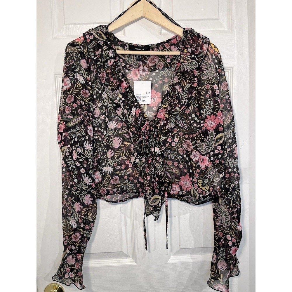 NWT Forever 21+ Floral Sheer Crop Blouse Tie Front Ruffle Boho Festival Top 0X